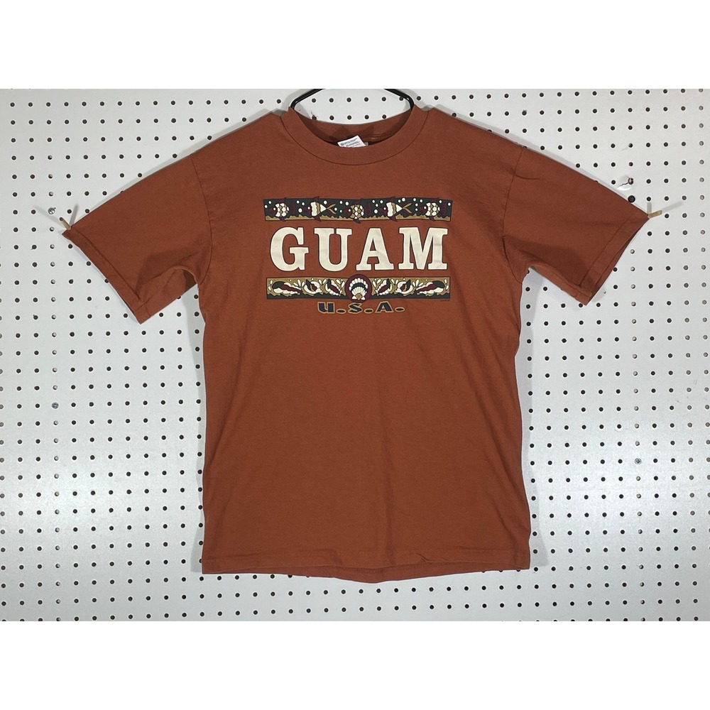Vintage Anvil Guam USA Graphic T-Shirt Mens Medium Orange Cotton Tee